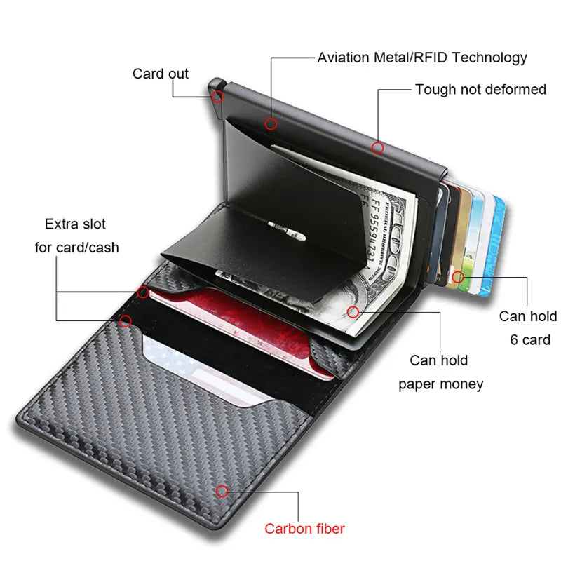 Carteira de alumínio fina em fibra de carbono masculina, titular de cartão de identificação e crédito, mini estojo automático RFID, valete preto, 2023